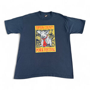 Vintage Pork Festival Shirt Adult LARGE Blue Pig Hog Tipton County Indiana 90s